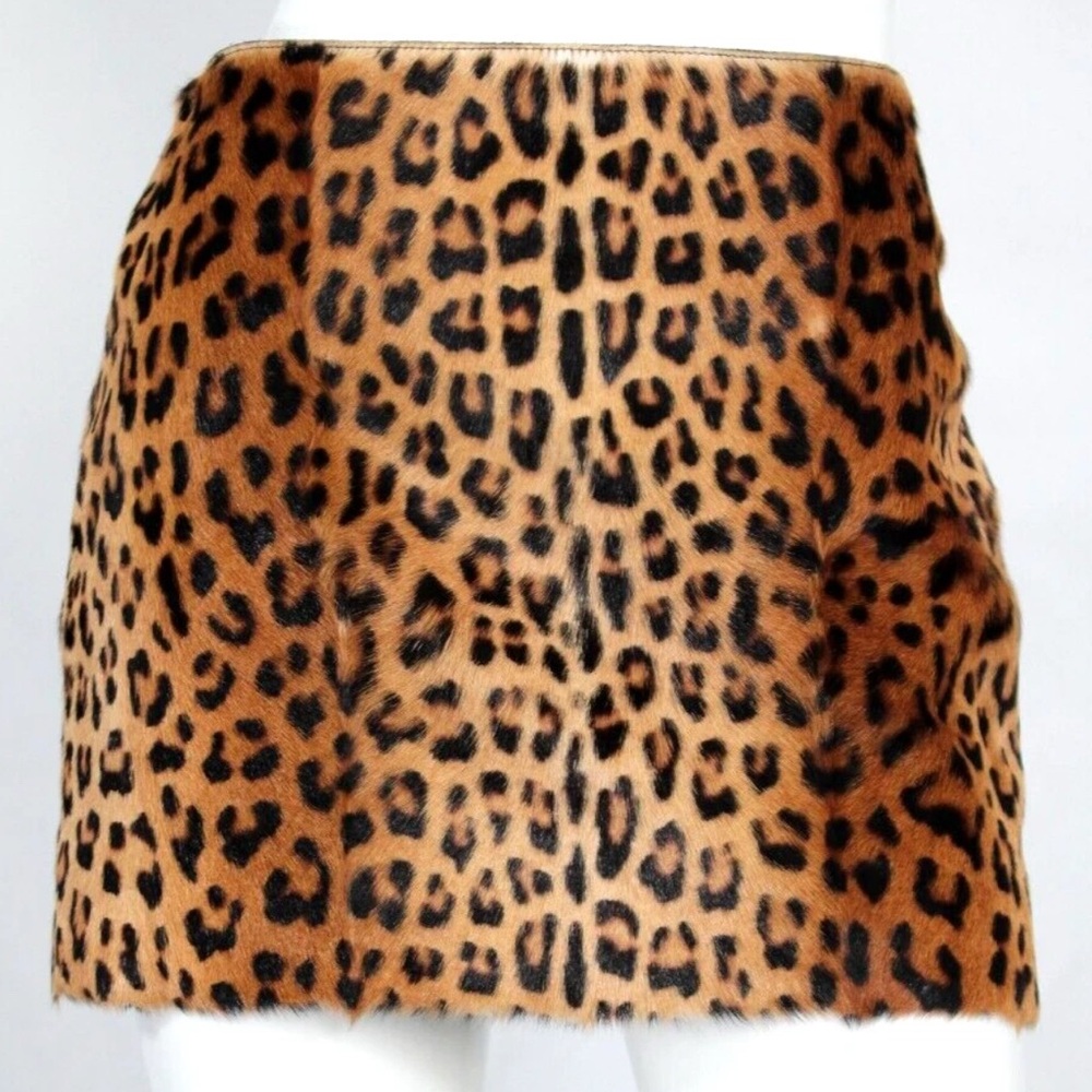 SAINT LAURENT Brown Leopard Print Pony Fur Mid-Rise Mini Pencil Skirt size 38